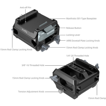 SmallRig 5366 - płytka montażowa, szybkozłaczka typu Manfrotto z dwoma zaciskami na pręt 15mm - szczegóły